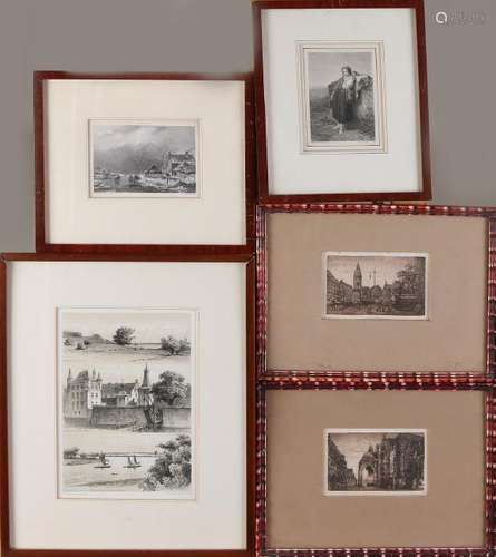 Five antique etchings / lithographs. 19th century.