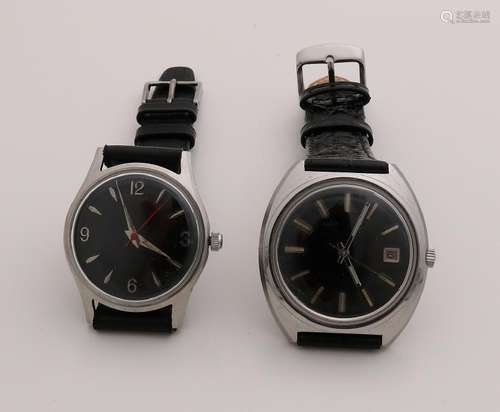 Two vintage watch, with steel case and black leather