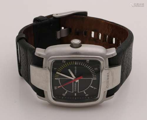 Diesel watch with square steel case and leather strap.