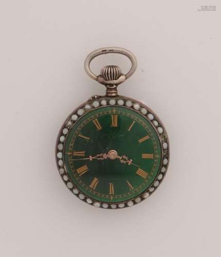 Green enamel hanging watch. Round mechanical watch with