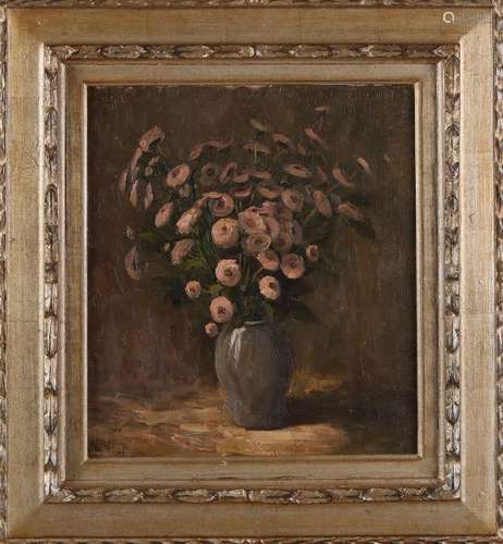 Unclear. Circa 1930. Vase with Flowers. Oil on linen.