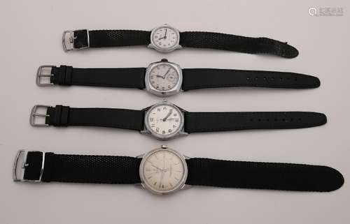 Four white metal watches with black strap, all