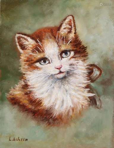 Leo Scheen. Cat. Oil paint on panel. Dimensions: 13 x