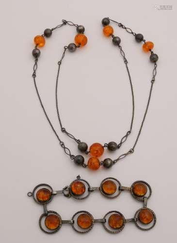 Silver bracelet and necklace, 835/000, with amber.