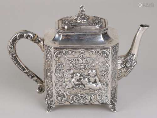Silver teapot, 800/000, rectangular model decorated