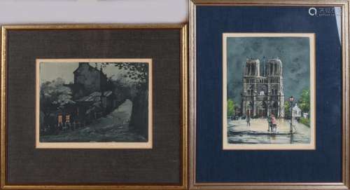 Two old etchings. Once unclear signed, village street.