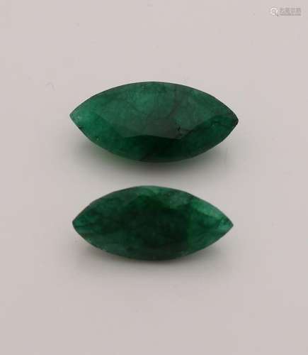 Two marquis cut emeralds, veined dark, cloudy, dark in