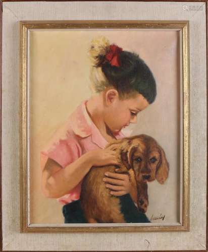 Unclear signed. Girl with dog. Oil on linen.