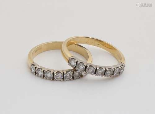 Two yellow gold rings, 585/000, with diamonds. Two