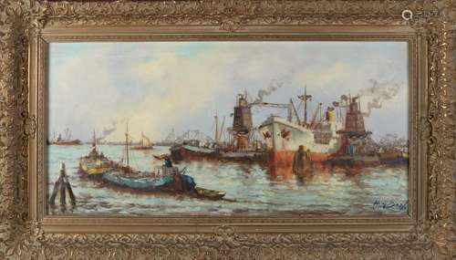 Wim Bos. 1906 - 1977. Rotterdam harbor view. Oil on