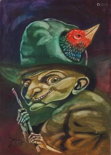 Unclear signed. '95. Troll with bird in hat. Oil paint