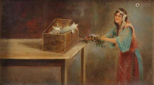 Suz. Pléyol? 19th century. Woman with cats. Oil paint