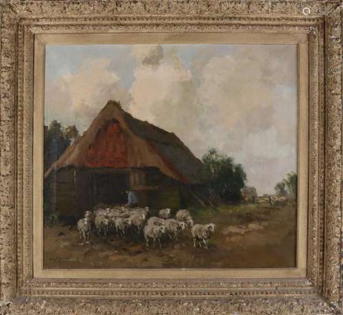 WGF Jansen. 1871 - 1949. Sheepfold with sheep. Oil on