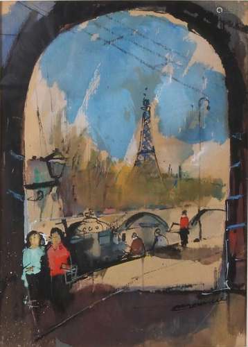 Unclear signed. Circa 1960. Paris cityscape. Gouache on