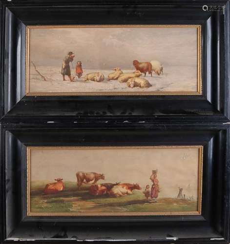 Two antique English prints in black frames. Dimensions: