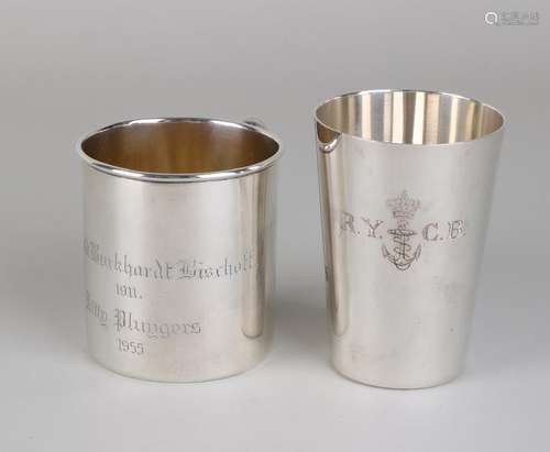 Two silver cups, smooth cups tapered with engraving