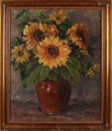 F. Wartena. 1855 - 1933. Vase of sunflowers. Oil on