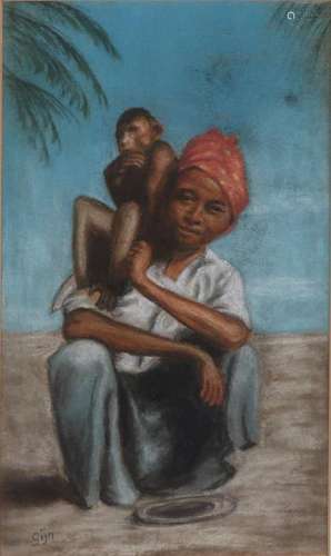 Paul van Gijn. Oriental boy with monkey. Pastel on