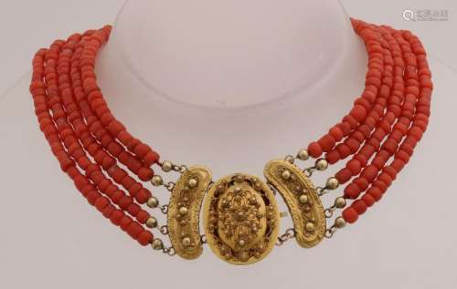 Red coral necklace with yellow gold stripe. Necklace