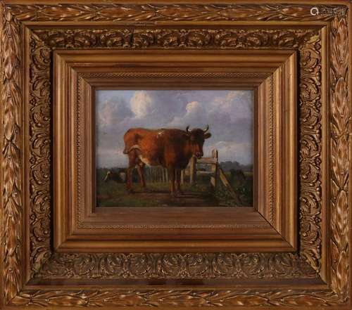 Unsigned. 19th century. Cows by fence. Oil on panel