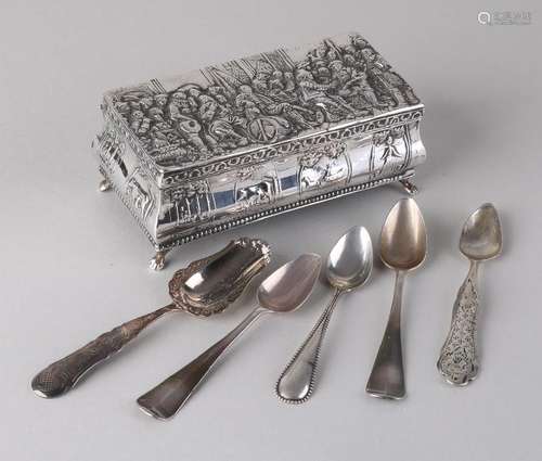 Silver spoon box, 833/000, with spoons. Rectangularly