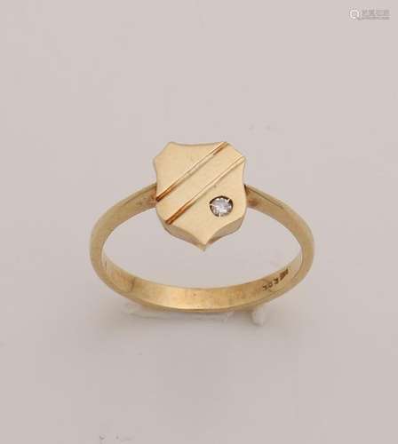 Yellow gold ring, 585/000, with diamond-studded shield.