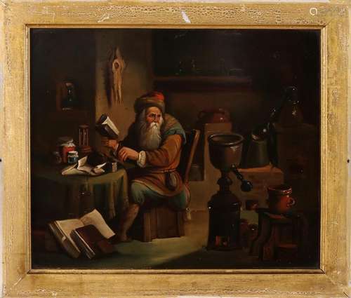 Unsigned. 19th century. Alchemist in interior. Oil on