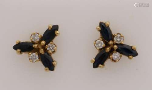 Yellow gold earrings, 585/000, with diamond and