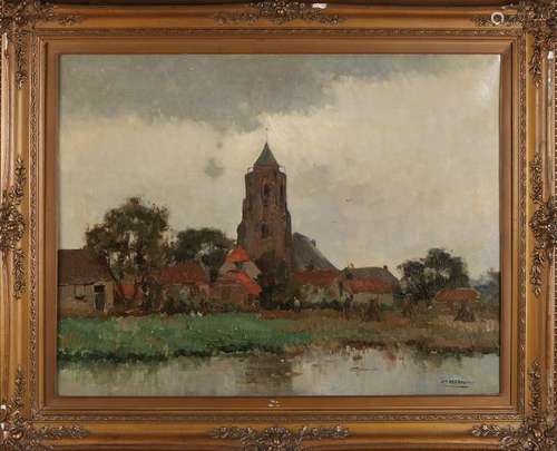 Jan van Delft. 1928 -. Village on the water. Oil on