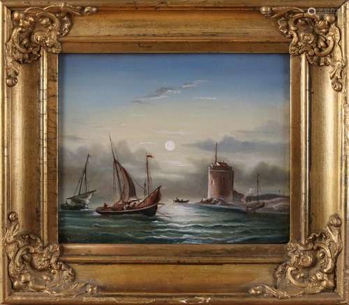 Unclear signed. 19th century. Boats at lighthouse. Oil