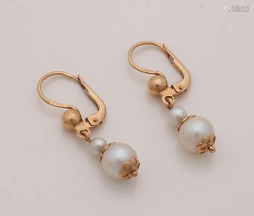 Yellow gold earrings, 585/000, with pearls. Brisures