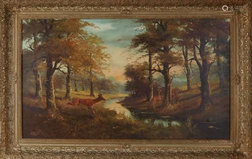 S. Schreuder. Circa 1930. Landscape with roe deer. Oil