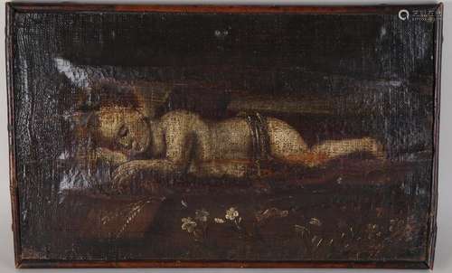 Unsigned. Approximately 1700. Angel lying on cross. Oil