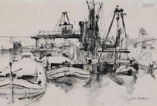 Jan Korthals. 1916 - 1972. Harbor view. East Indian ink