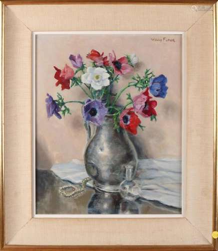 Willy Fleur. Pewter can with flowers. Oil on linen.