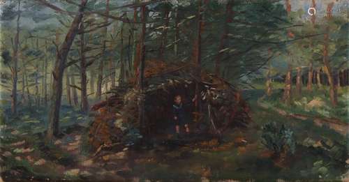 Unsigned. Around 1920. Boy in forest with branches hut.