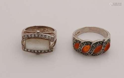 Two silver rings, 925/000, with agate, markesite,