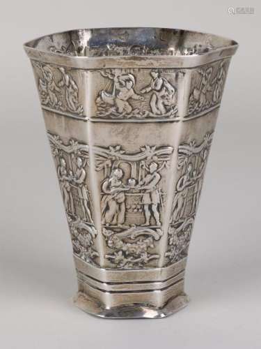 Silver cup, 833/000, hexagonal decorated with