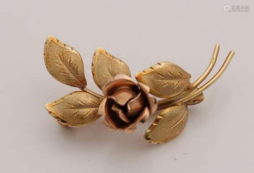 Golden brooch, 585/000, with a red golden rose with