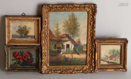 Four small paintings. Consisting of: Rewe, still life.