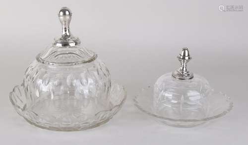 Crystal cheese and butter bell jar with silver button.