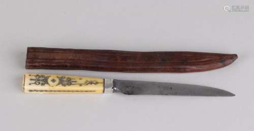 Travel knife with leather sheath, with ivory handle