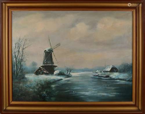 C. Small. 20th century. Dutch winter view with river