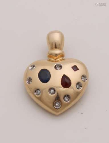 Yellow gold pendant, 585/000, in heart shape with ruby,