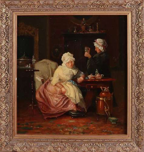 Unsigned. Circa 1900. Two women in interior. Oil on