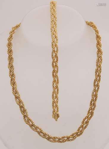 Necklace and bracelet, gold on silver, 925/000, braided