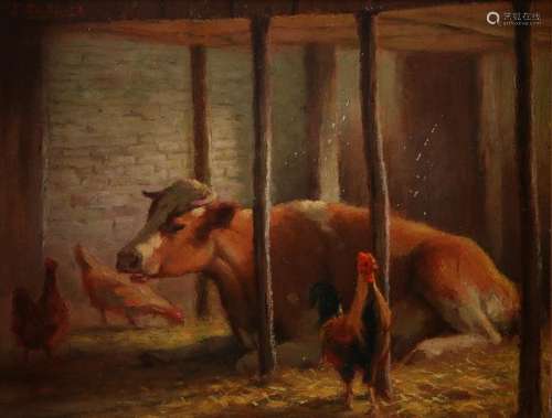 Evert Rabbers. 1875 - 1967 Enschede. Cow with chickens