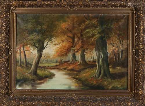 Rangé. 20th century. Forest face with stream. Oil on