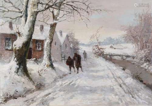 L. de Leeuw. 1941.Winter landscape with walkers. Oil on