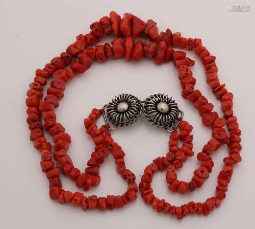 Coral necklace, 2 rows in width with hook closure. 6-20